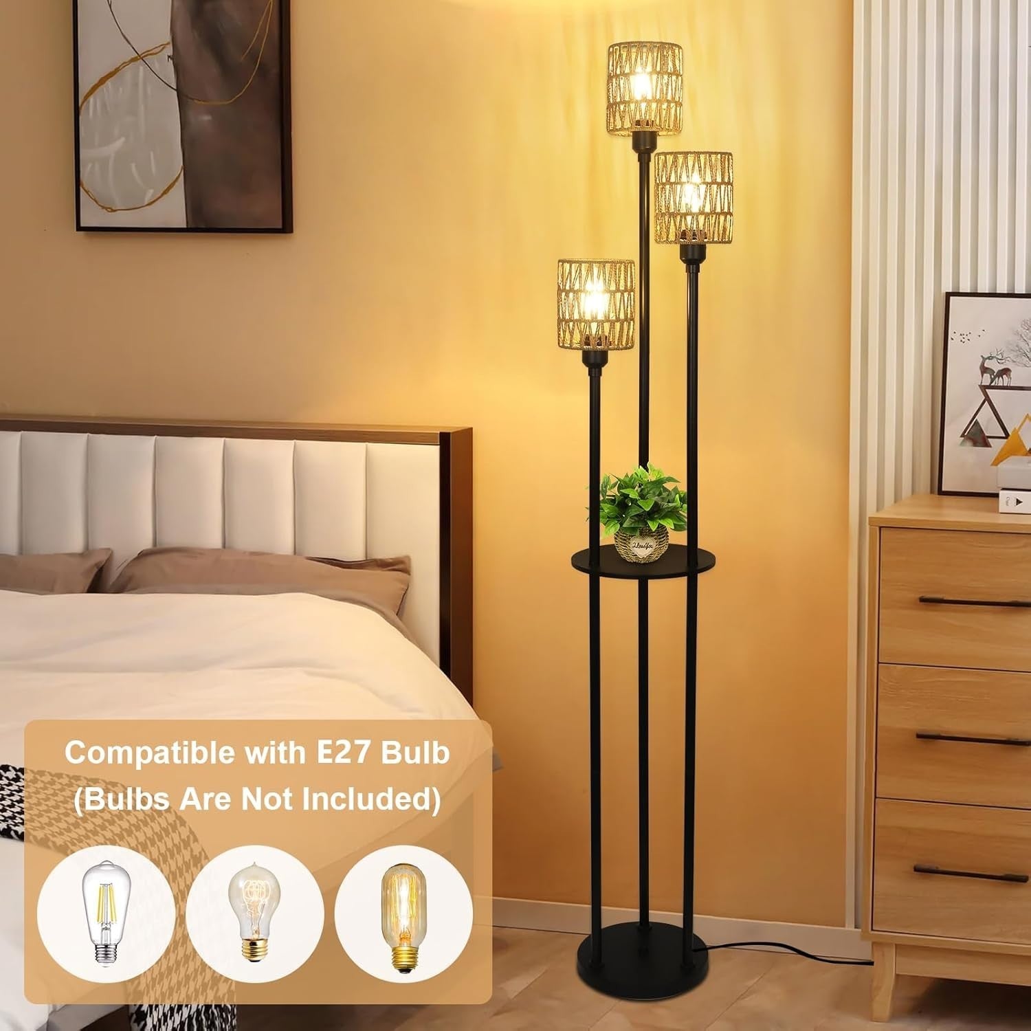 3-Light Boho Rattan Floor Lamp with Shelves, Foot Switch & Rustic Charm