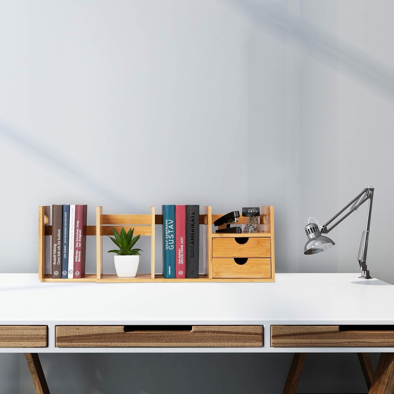 Bamboo Desk Organizer with 2 Drawers & Pull-Out Bookshelf – Tabletop Storage