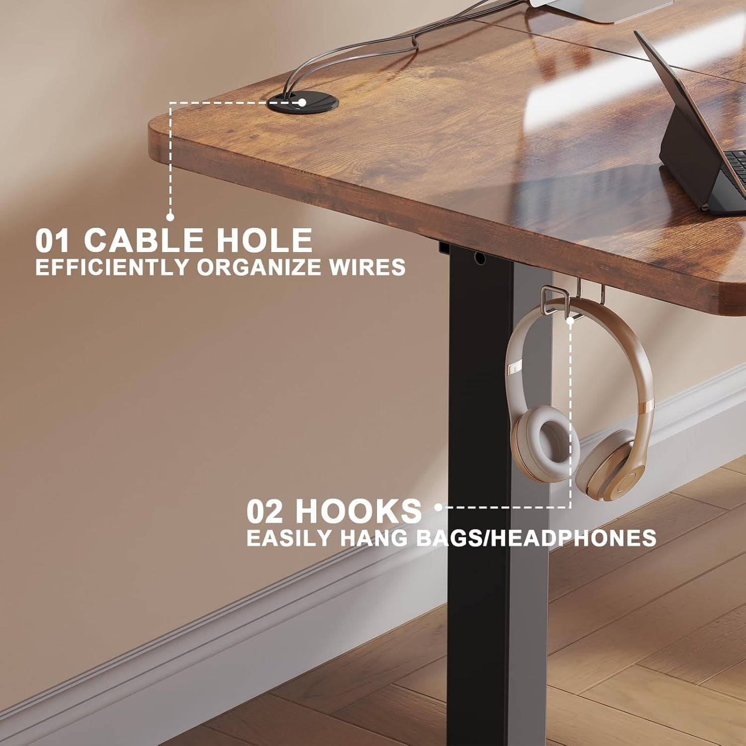 Electric Height Adjustable Standing Desk 140x60cm | Vintage Brown Office Table
