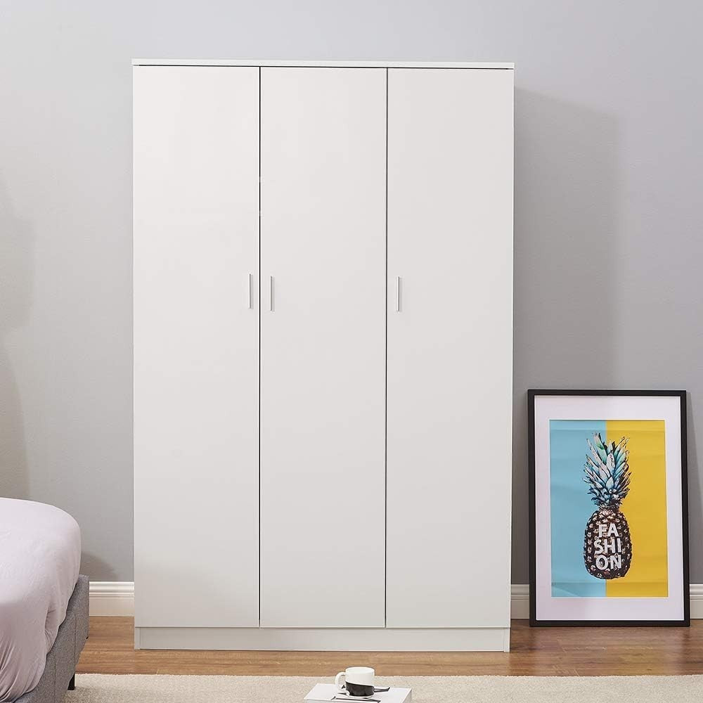 3-Door White Wardrobe with Hanging Rail & Shelves Large Bedroom Storage Cupboard