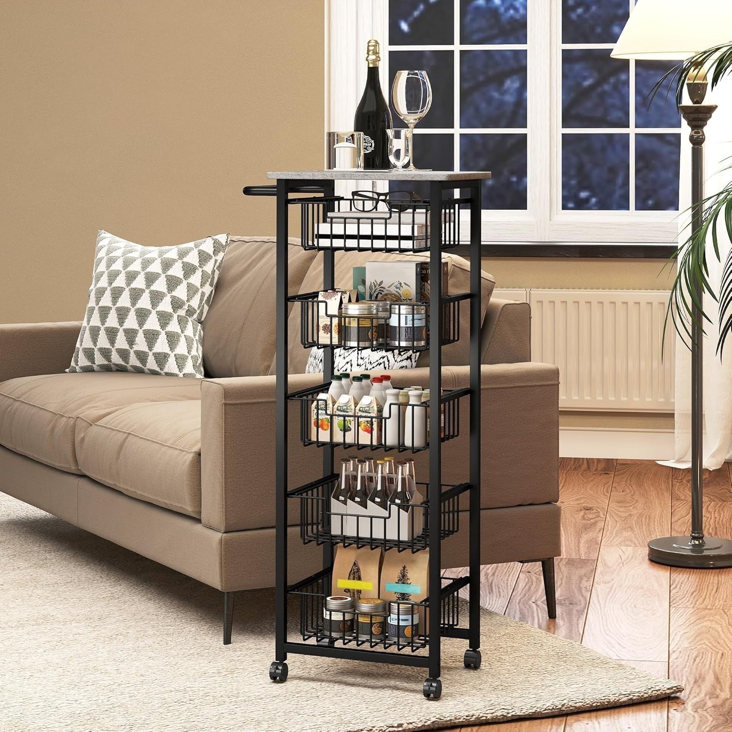 5 Tier Rolling Kitchen Island Cart Storage Trolley Mesh Baskets Grey