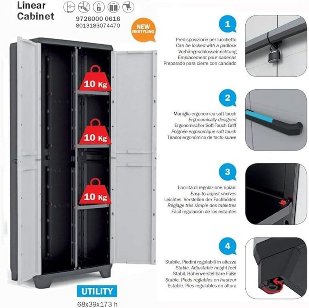 Tall Plastic Utility Cupboard with Adjustable Shelves for Garage Storage