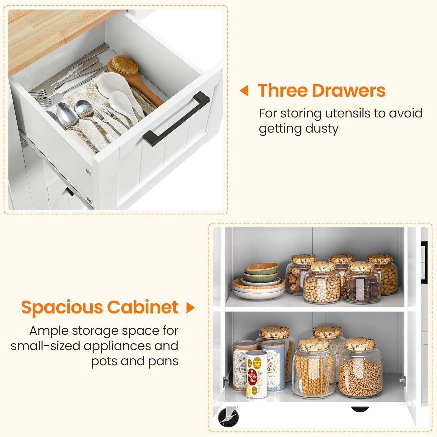 Kitchen Island Cart Drop-Leaf Bar Table Storage Cabinet Drawers on Wheels White