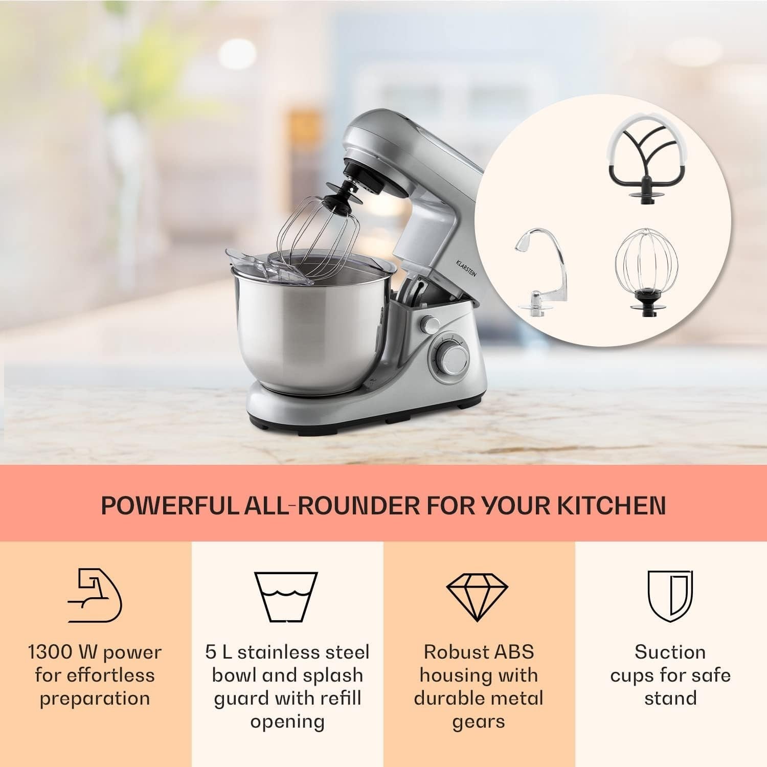 5L Silver Stand Mixer 1200W 6-Speed Planetary Dough & Cake Mixer
