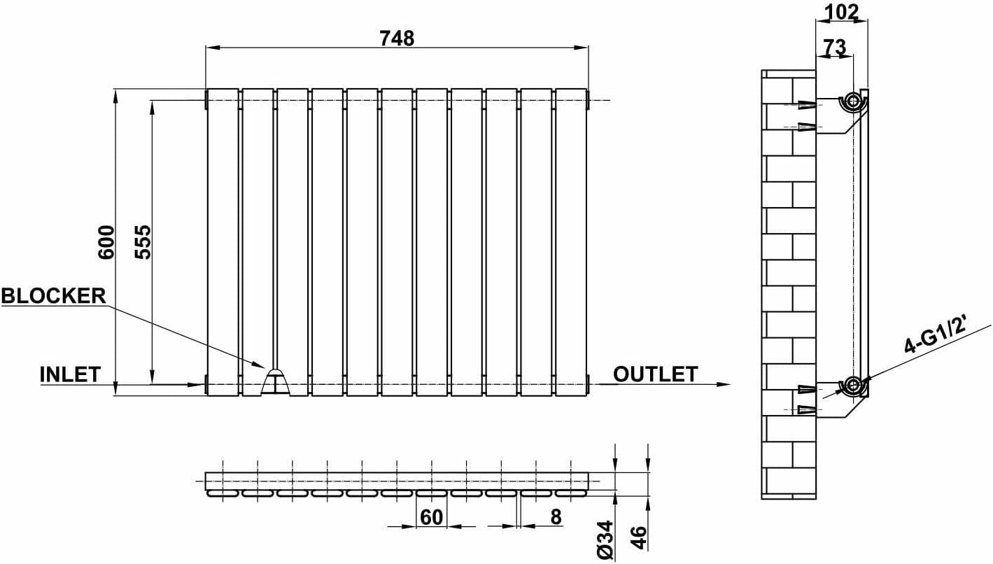Horizontal Anthracite Radiator 600x748mm Flat Panel Modern Central Heating