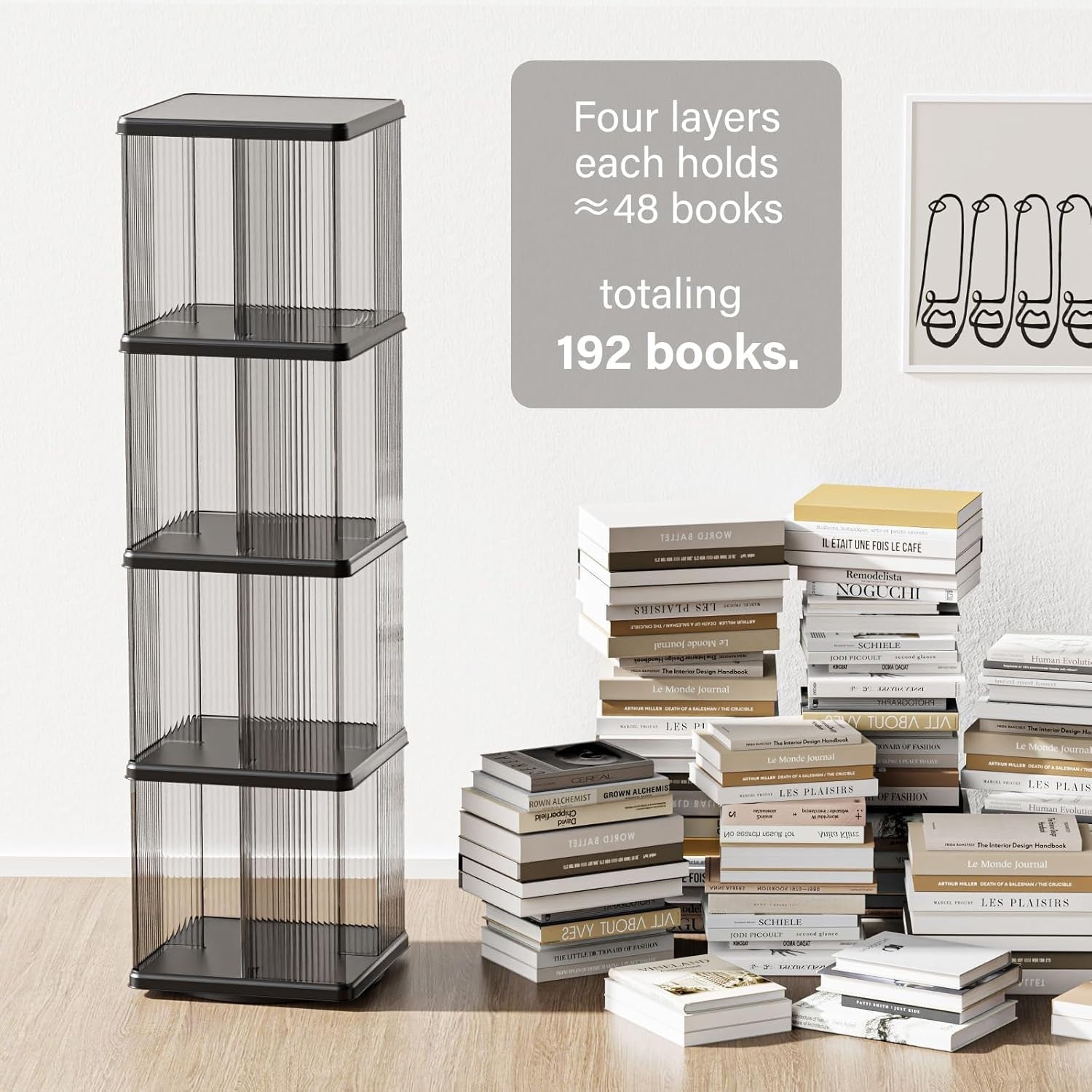 360° Rotating Plastic Bookshelf, 4-Tier Floor Standing Corner Bookcase