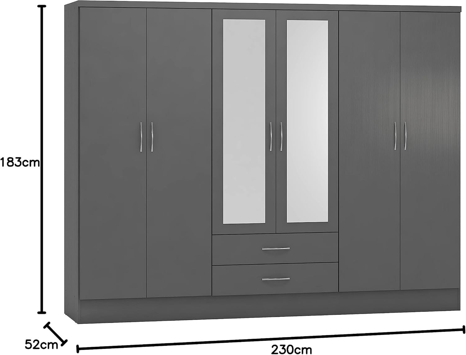 Modern 6-Door Grey Wardrobe with 2 Drawers & Mirror | Spacious, Durable Storage