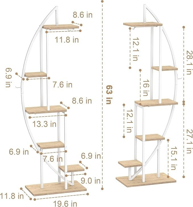 6 Tier Half Moon Metal Plant Stand with Grow Lights Indoor Outdoor Shelf White