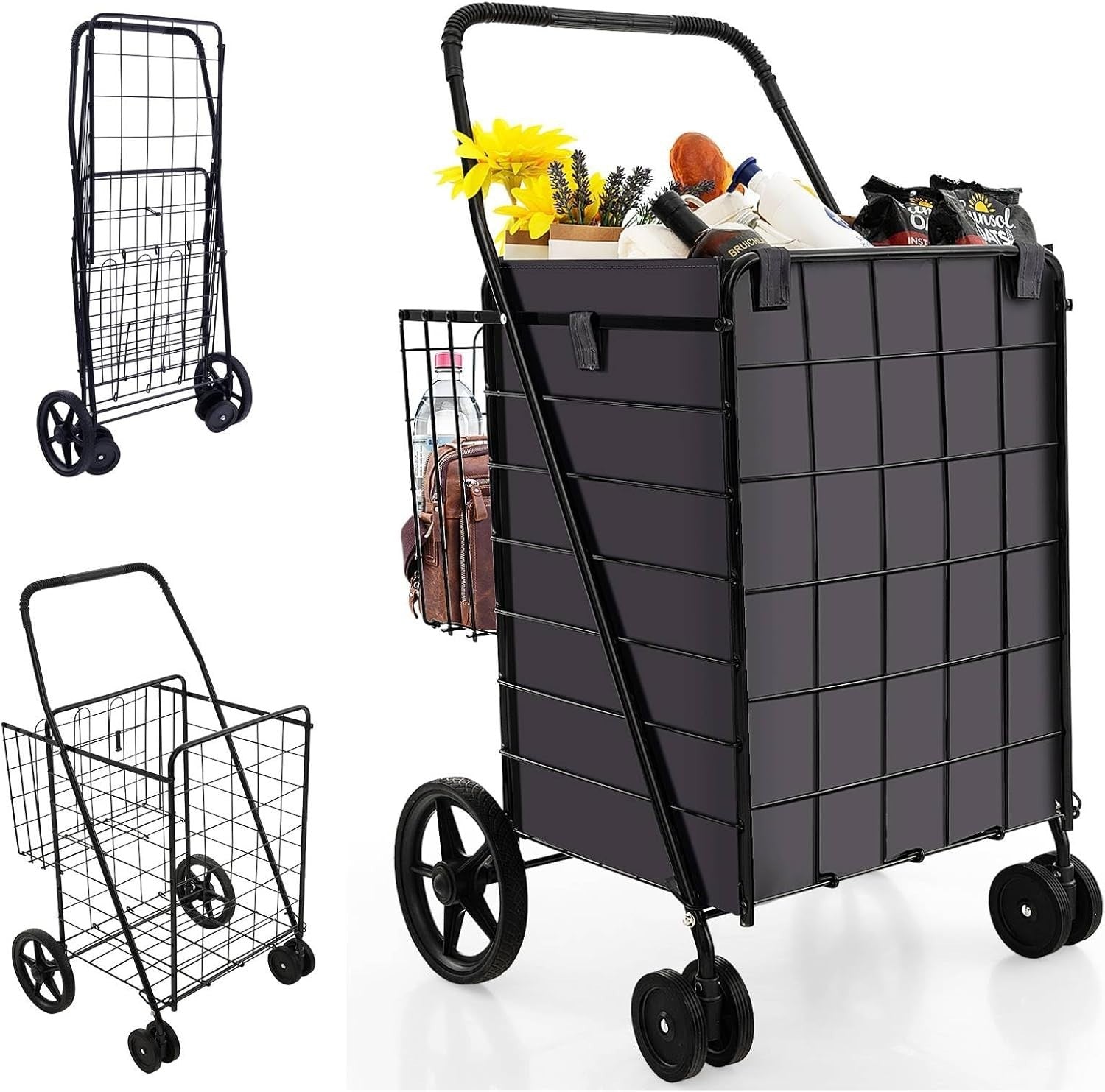 120L Folding Shopping Trolley with 6 Wheels & Removable Liner, Portable Cart
