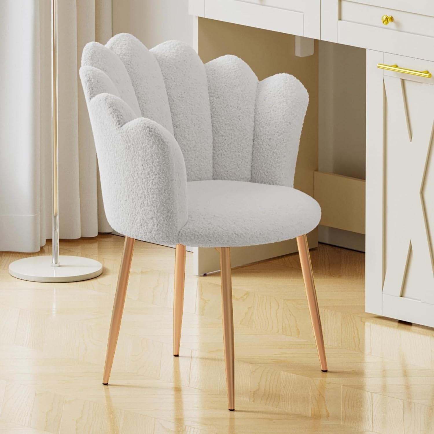 Boucle Vanity Chair Shell Back Gold Metal Legs White