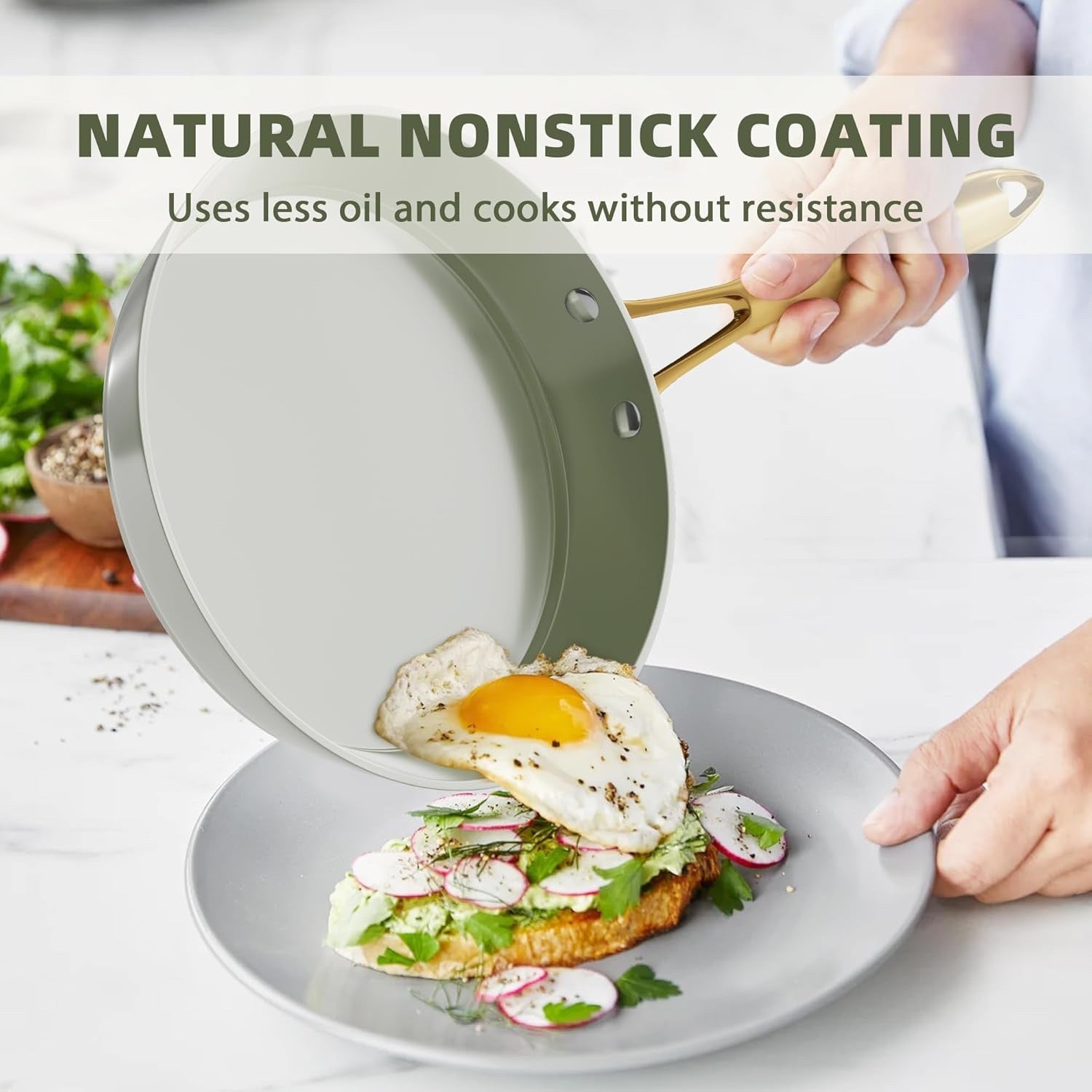16Pcs Green Ceramic Non Stick Cookware Set with Lids & Utensils Induction Safe