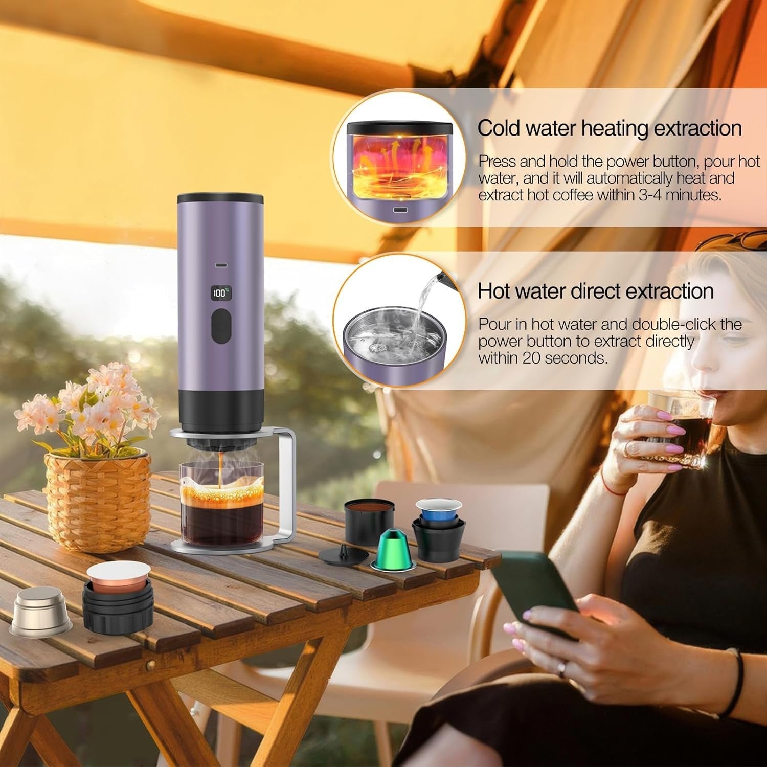 Portable Espresso Maker 3-in-1 Self-Heating Travel Coffee Machine 20Bar Compact