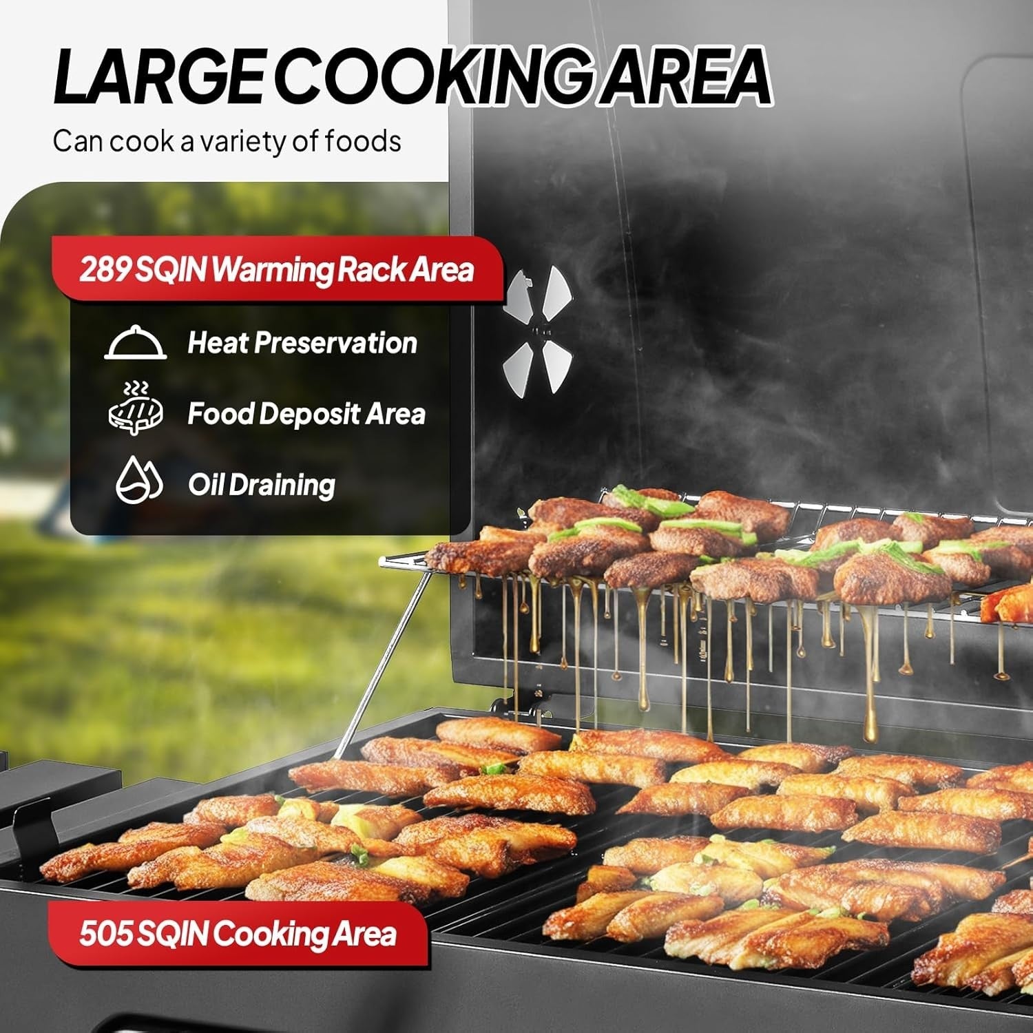 Large Dual-Zone Charcoal BBQ Grill with Adjustable Trays & Temp Gauge for Garden