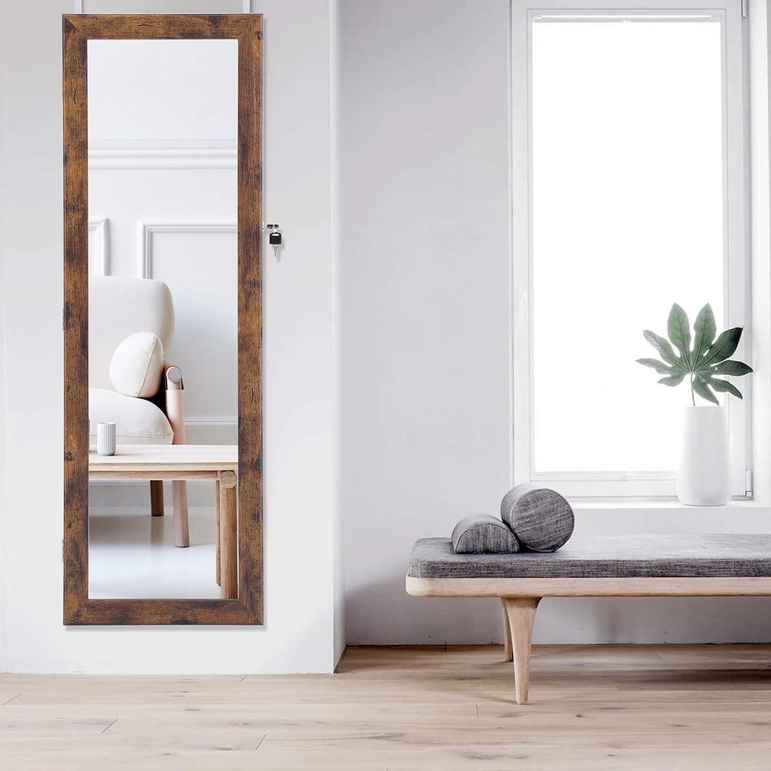 Wall Door Mounted Jewelry Armoire Lockable Full Length Mirror Cabinet