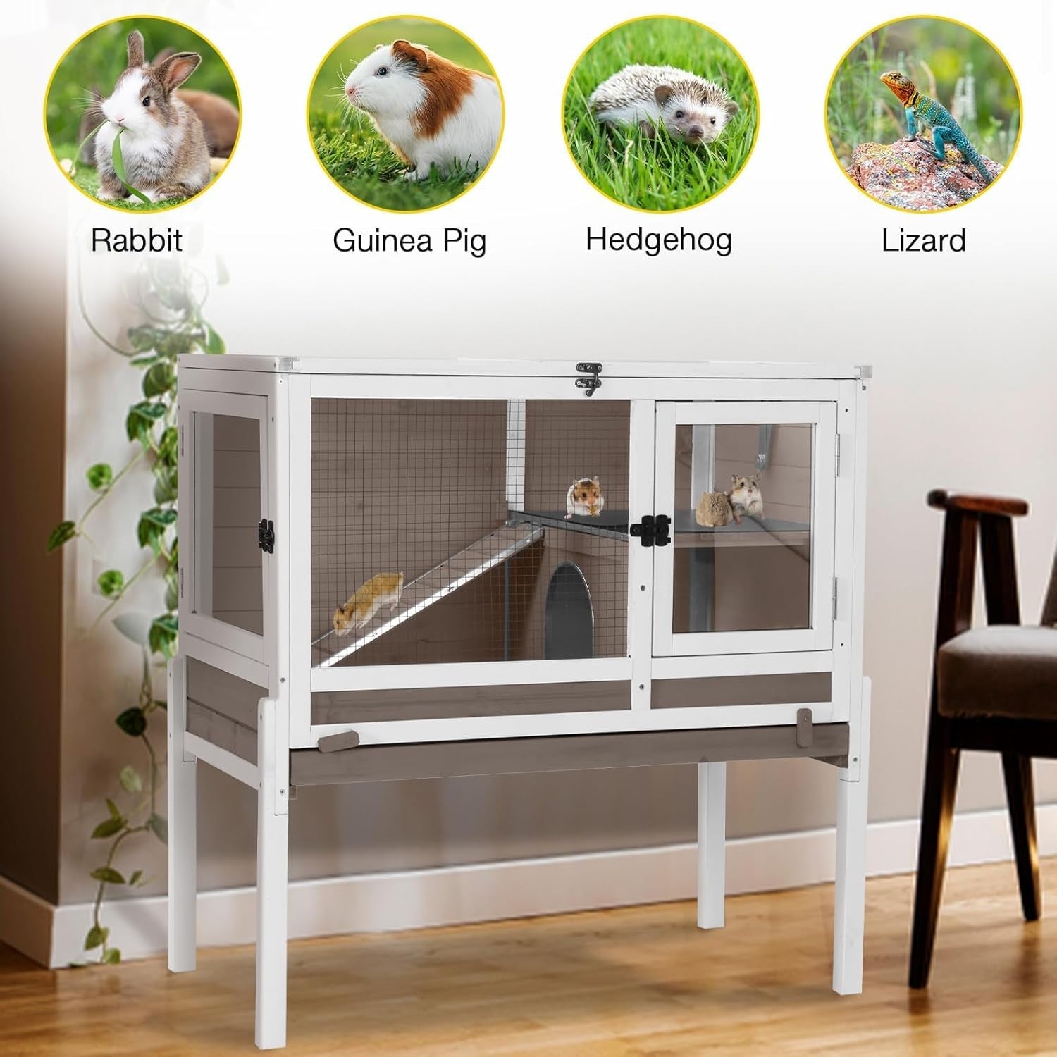Indoor Guinea Pig Cage 2 Wooden Hutch with Stand Ramp