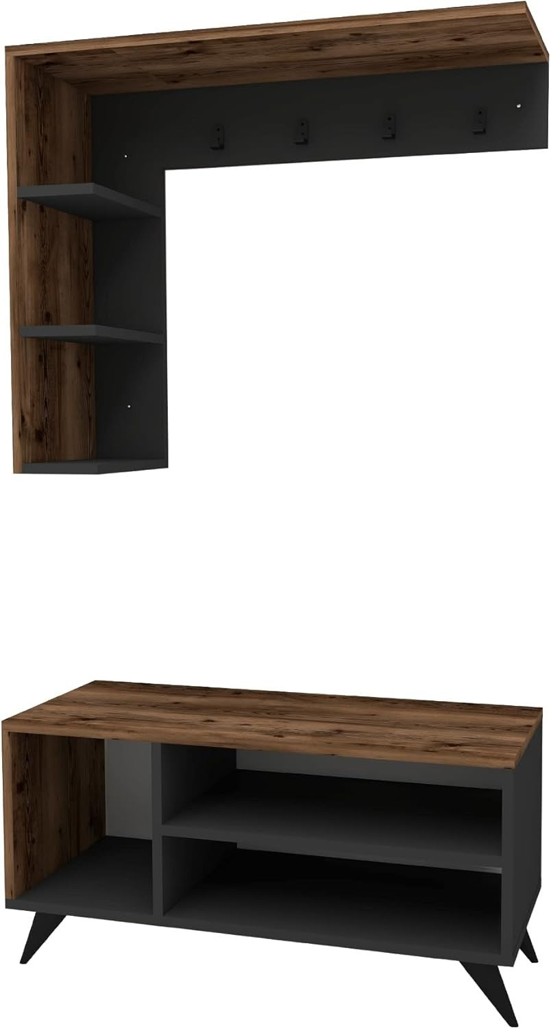 Light Walnut Coat Rack & Shoe Storage Bench – Modern Hallway Organizer Unit