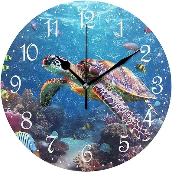 Sea Turtle Ocean Wall Clock 25cm Silent Non-Ticking Underwater Art Decor