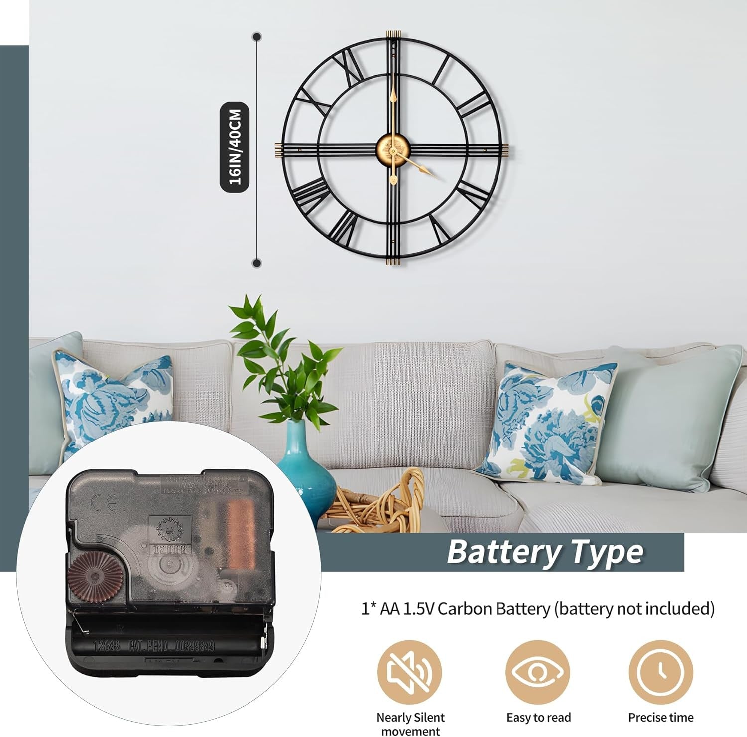 Large Modern Metal Wall Clock 40cm Silent Roman Numeral Skeleton Decor