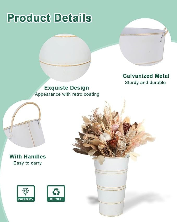 12 Inch White Galvanized Metal Flower Vases Set of 2 Rustic Bucket Planters