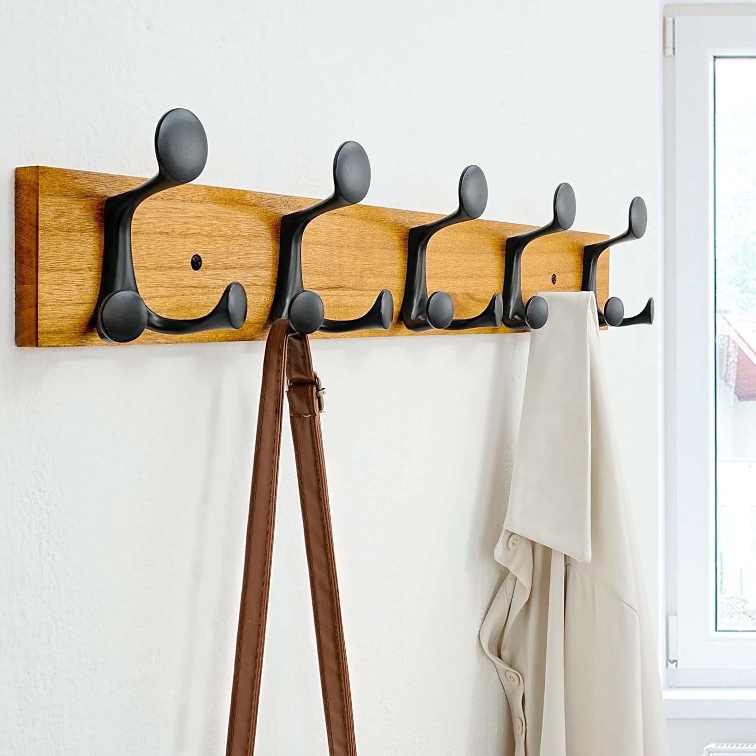 Light Brown Wood Wall Coat Rack 5 Triple Hooks | 61cm Modern Hanging Rail