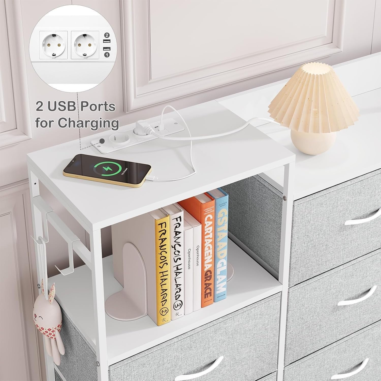 Fabric Storage 8 Chest Drawer  with USB Charging Ports Light Grey White Unit