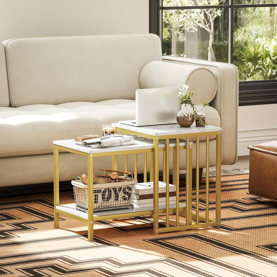 Nest of 2 Side End Coffee Tables Gold Metal Frame Wood Top Bedroom Living Room