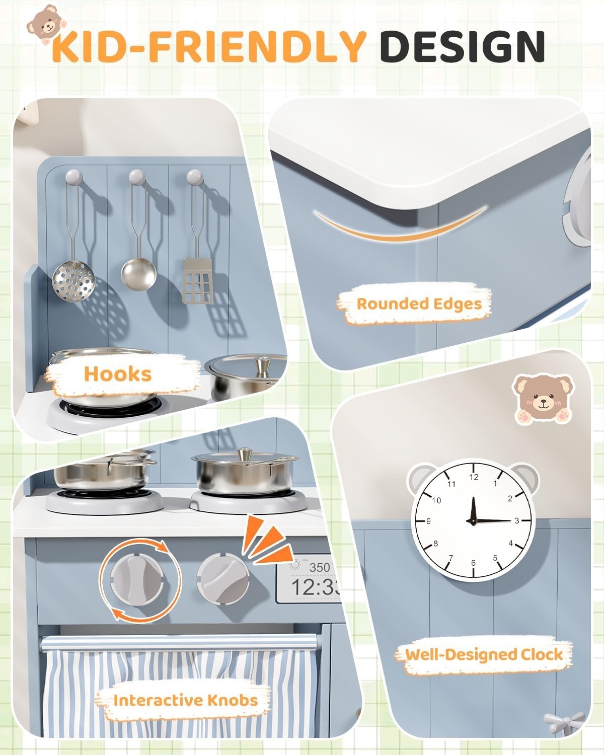 Wooden Kids Play Kitchen Blue Cooker Sink Toy Set w Storage & Clock