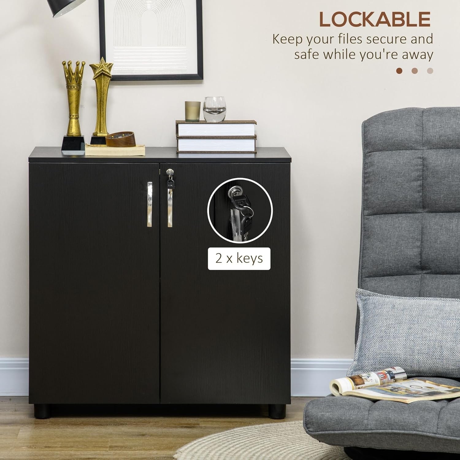 Black Lockable Filing Cabinet Office Storage Cupboard 2 Door 2 Tier Unit
