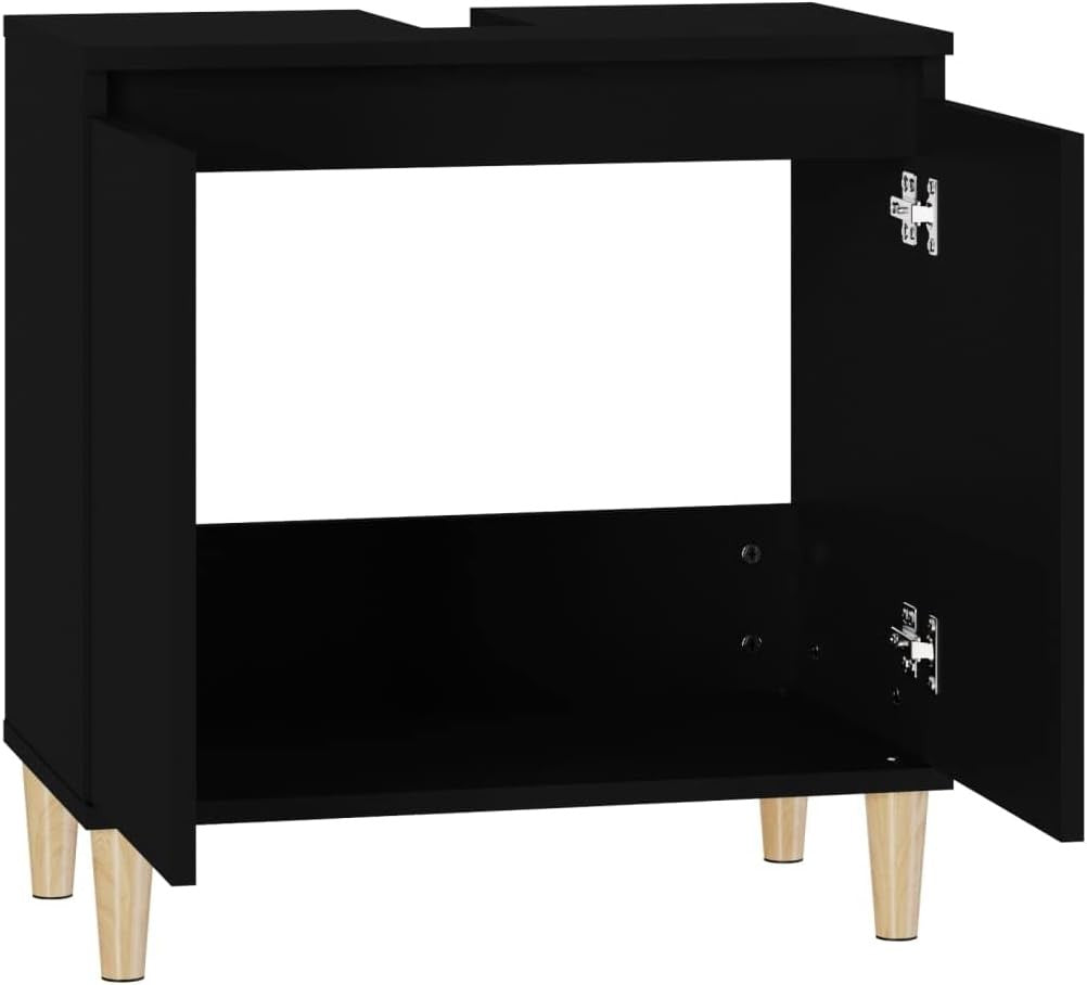 Black Under Sink Bathroom Cabinet with Wooden Legs – Modern Vanity Storage Unit