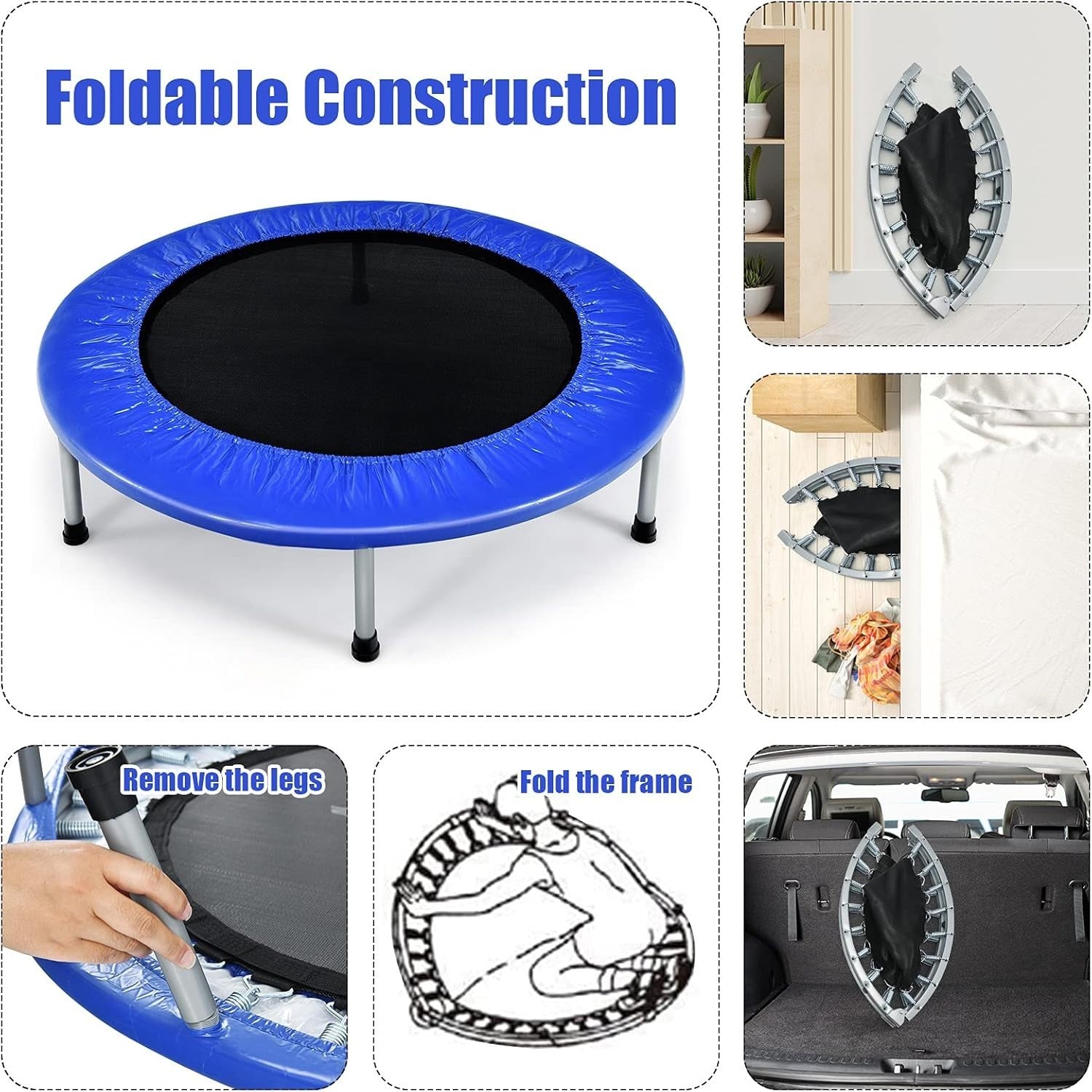 38'' Mini Trampoline Foldable Fitness Rebounder Indoor Outdoor 150KG