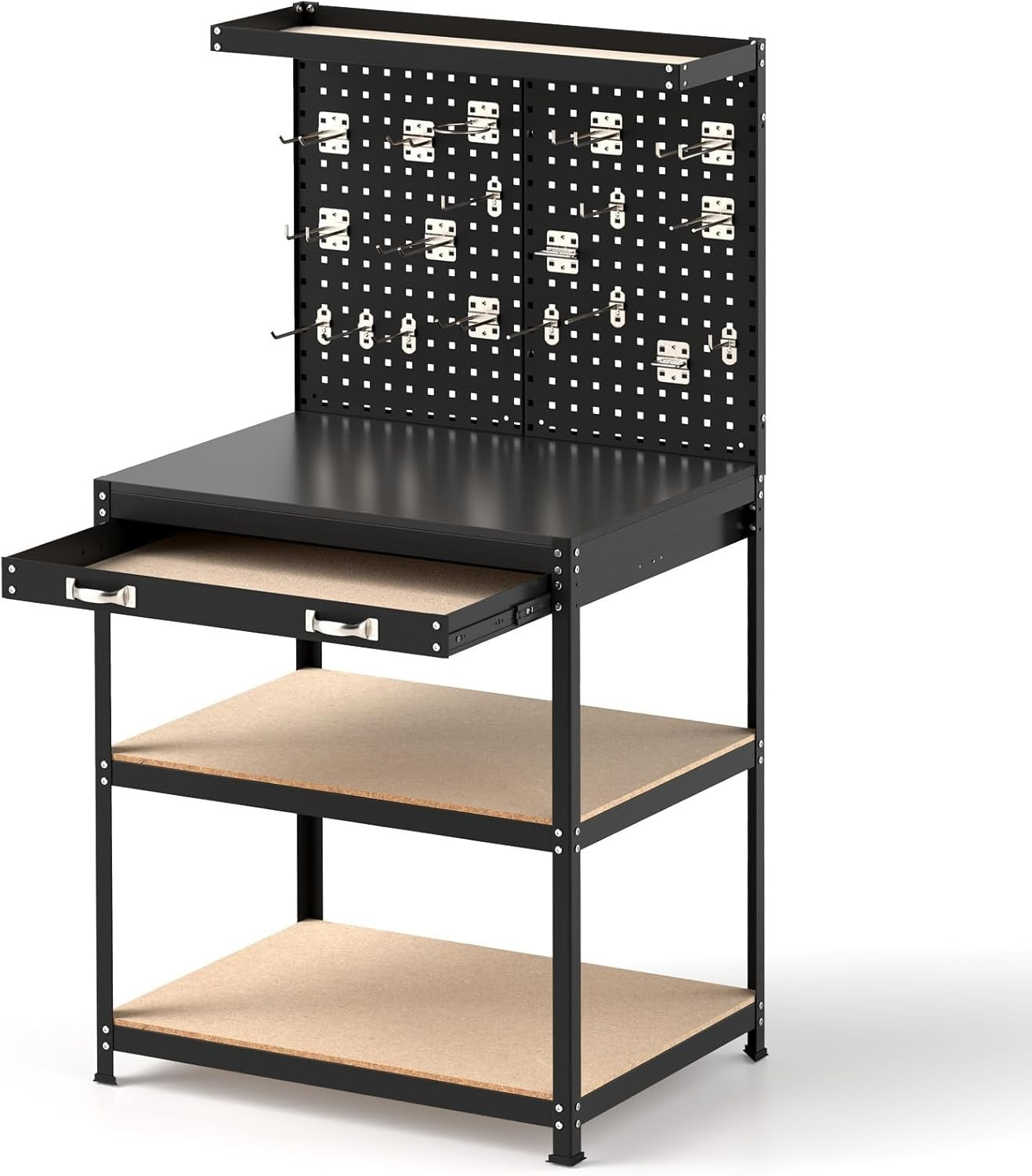 Heavy Duty Garage Workbench with Pegboards Drawer Shelves 290kg Tool Station