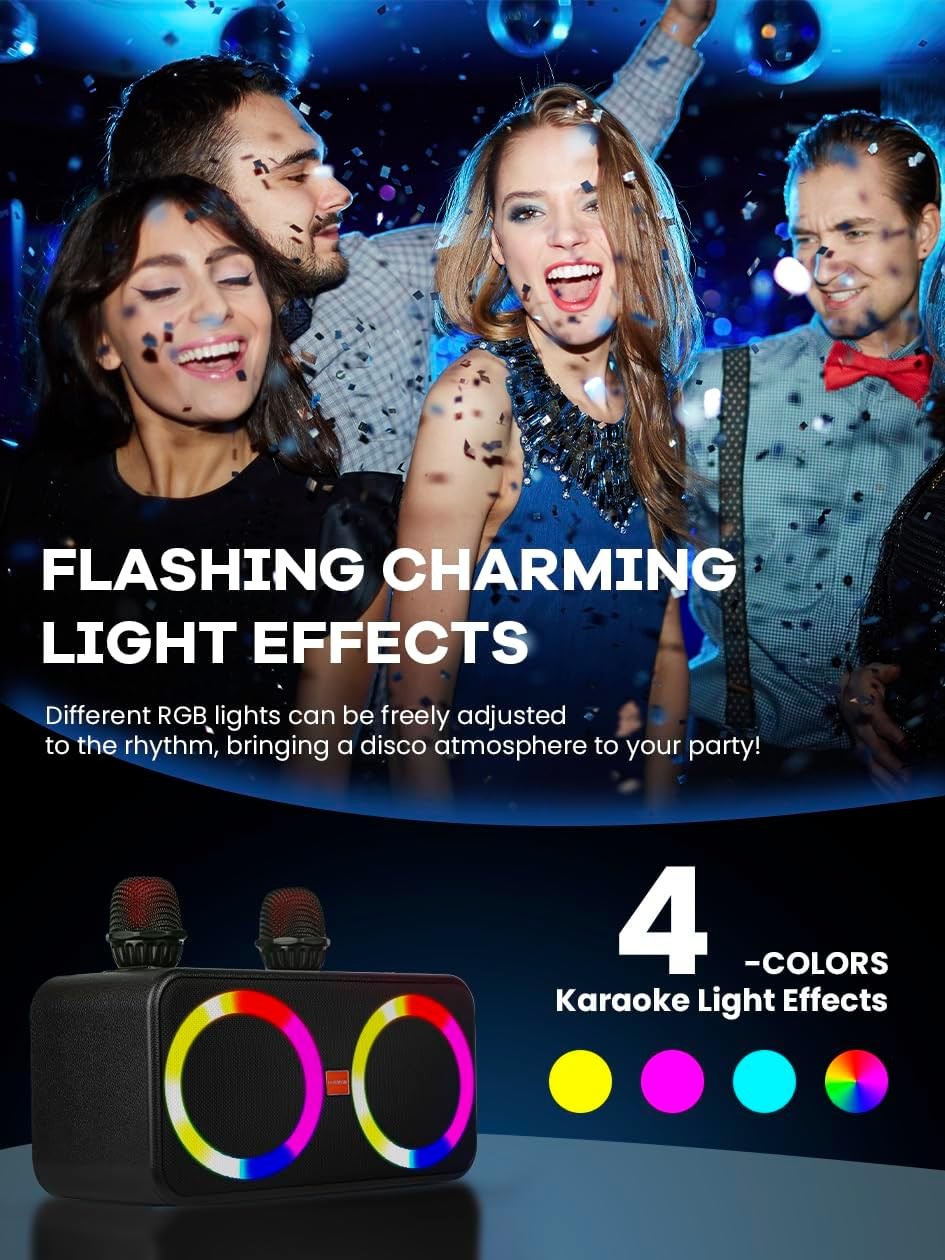BONAOK Karaoke Speaker 2 Wireless Mics Portable Bluetooth PA Machine