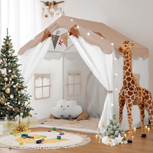 Kids Indoor Castle Tent Bed Canopy with Lights Padded Playhouse Brown