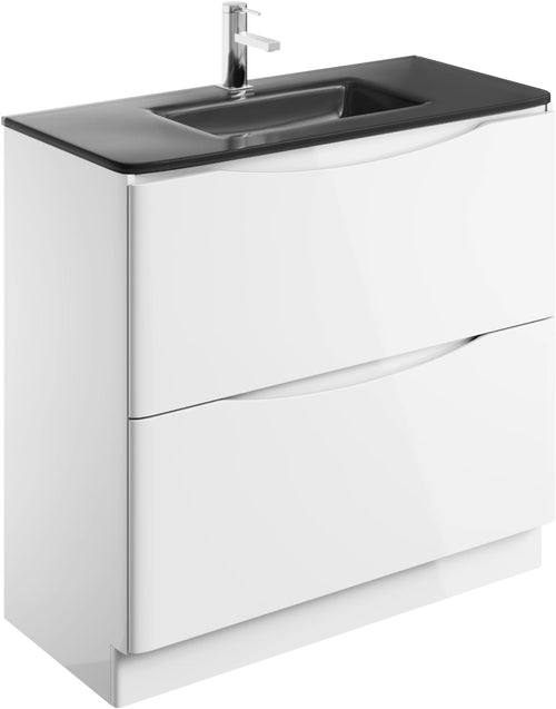 900mm Floor Standing Vanity Unit White Gloss with Grey Glass Basin Bathroom