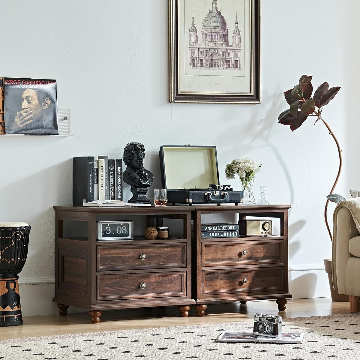 Brown Wooden Bedside Table with Drawers & Shelf