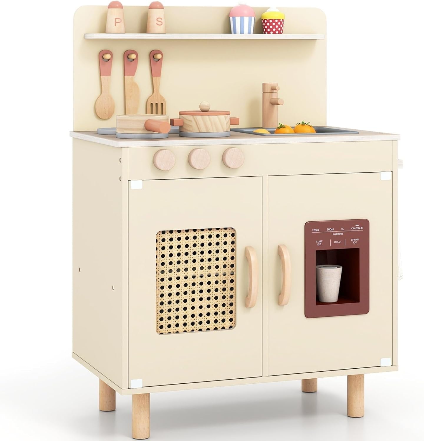 Wooden Kids Play Kitchen Yellow w/ Ice Maker Sink Accessories Set