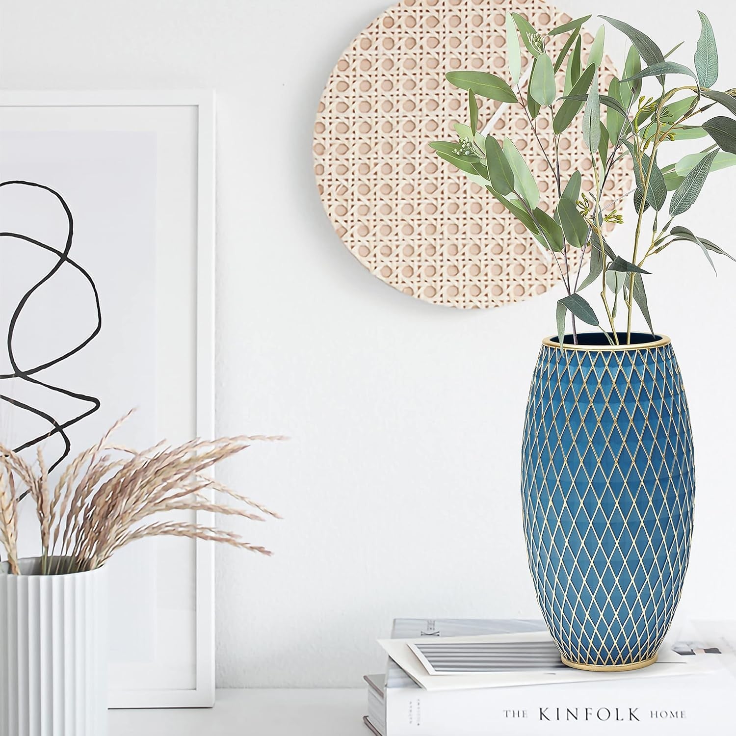 Large Blue Gold Decorative Floor Vase 28.5cm Modern Diamond Pattern Décor