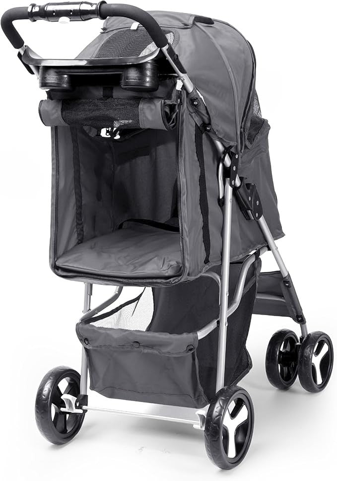 Grey Foldable Dog Stroller with Rain Cover Pet Pushchair for Small Medium Dogs