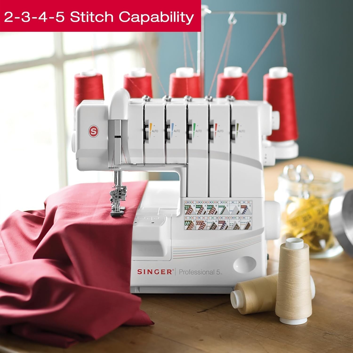Professional 5 Thread Serger Overlock Machine 1300 SPM Rolled Hem