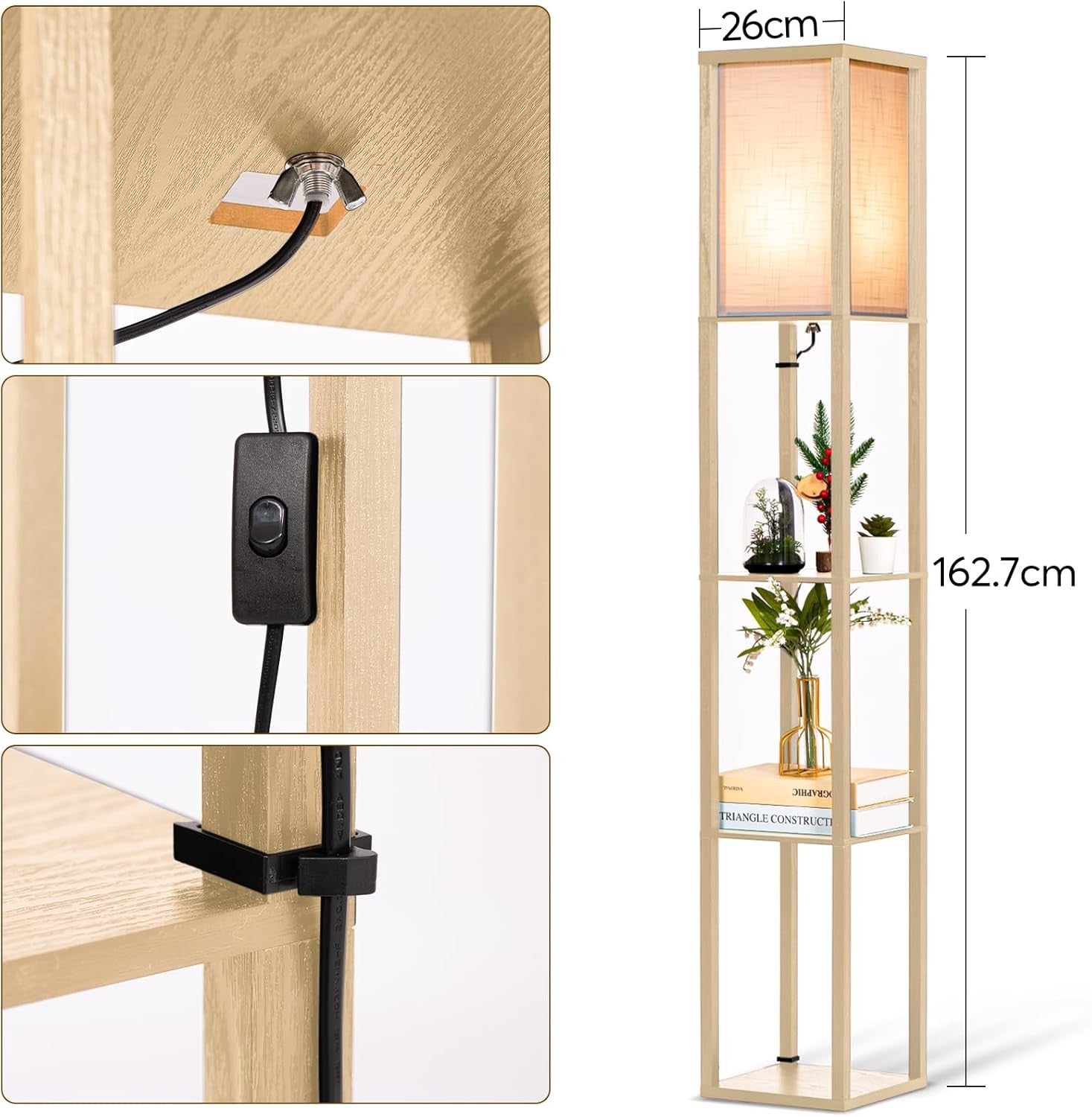Floor Lamp With Shelves LED Wooden Storage Standing Light Living Room Bedroom