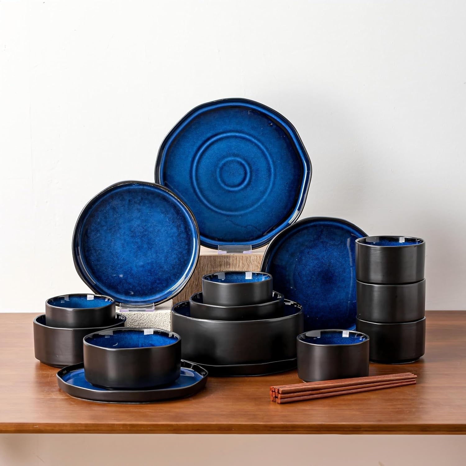 4pc Large Pasta Bowls 22cm Deep Porcelain Serving Bowls Blue Set