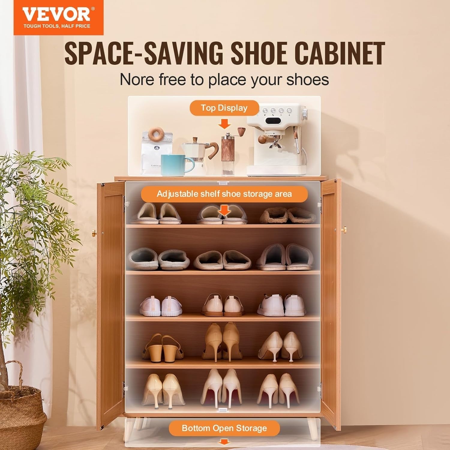 Rattan Shoe Cabinet 5 Tier Storage with Doors & Adjustable Shelves 80x34x102cm