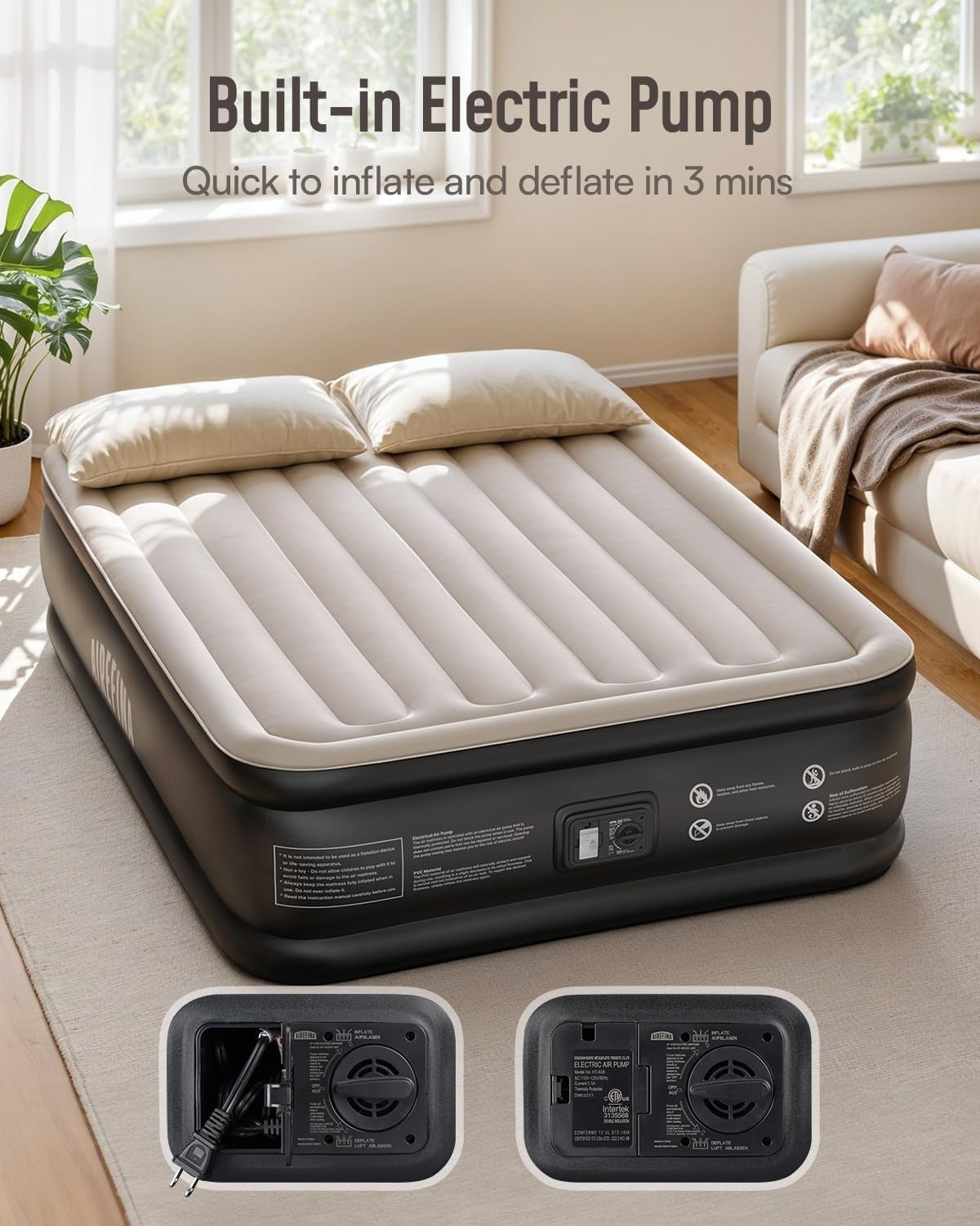 King Size Air Mattress Inflatable Bed Built-in Pump Fast Self Inflation