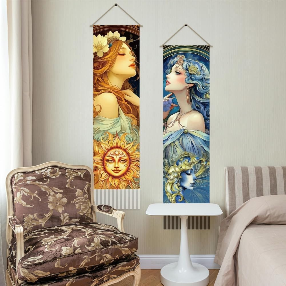 Boho Sun Moon Woman Tapestry 2pcs 45.7x13in Vertical Wall Decor