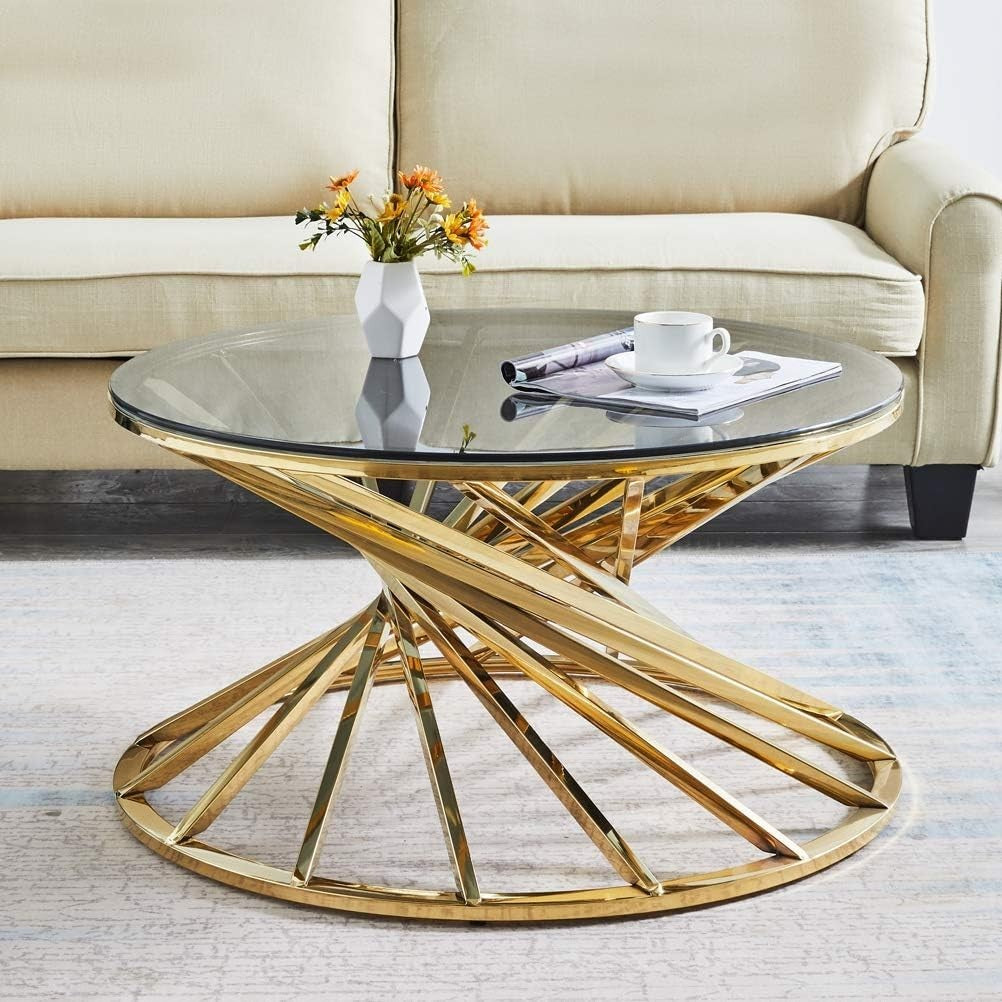 Golden Round Glass Coffee Table with Stainless Steel Spiral Frame 80x43cm