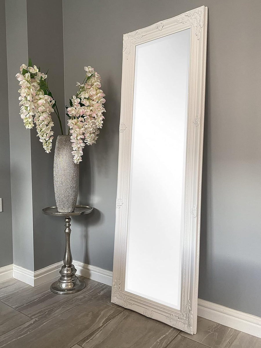 Tall White Wall Mirror 142x47cm with Bevelled Glass, Classic Wood Frame