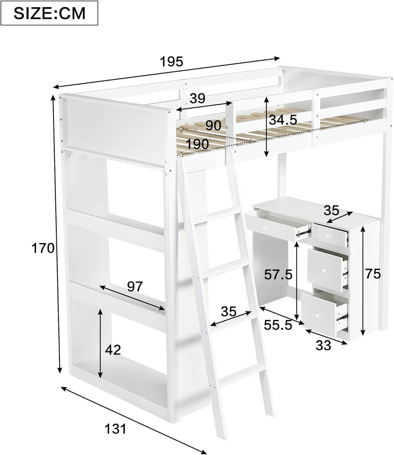 Loft Bunk Bed with Desk, 4 Drawers & Shelves, Kids 3FT White 90x190cm Bed