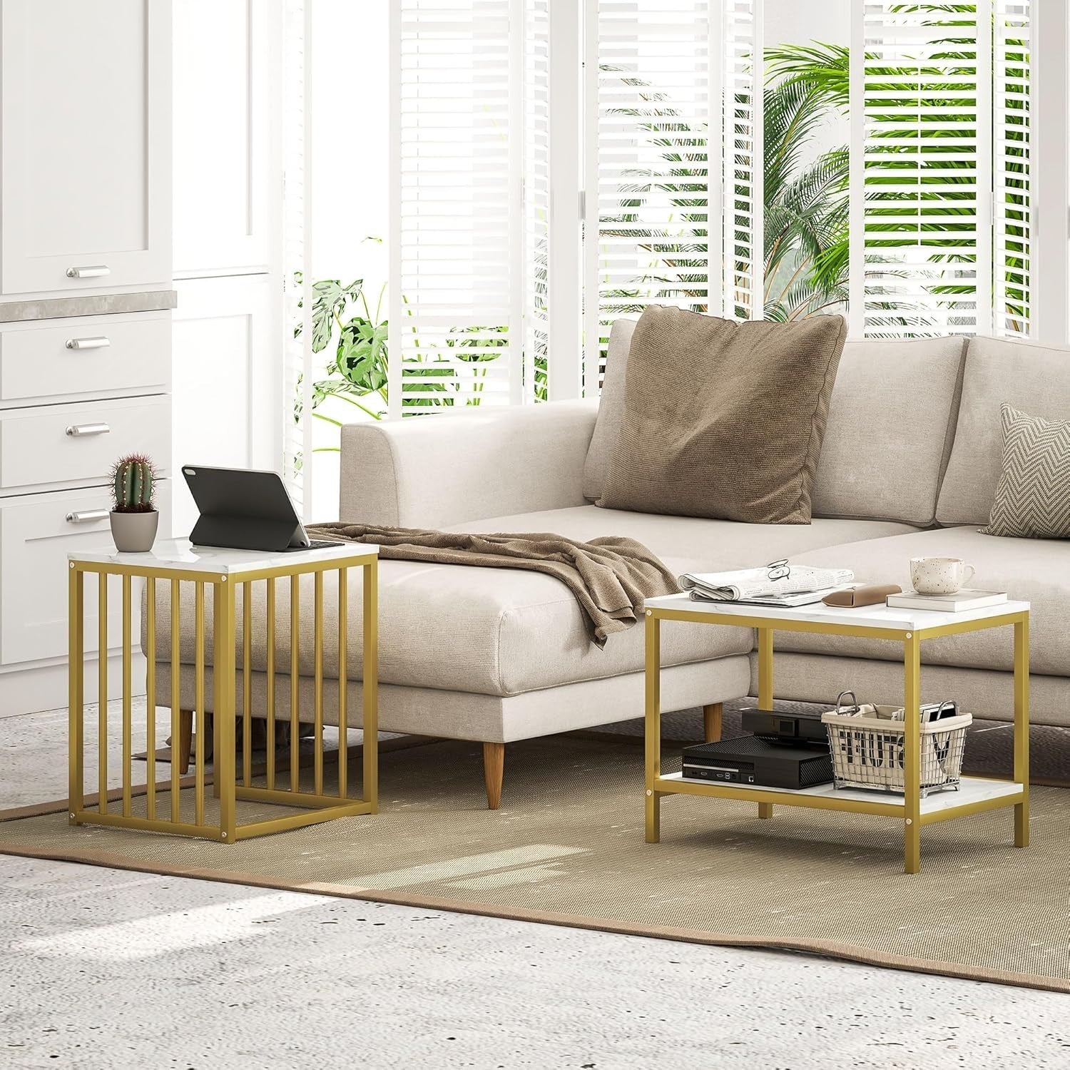 Nest of 2 Side End Coffee Tables Gold Metal Frame Wood Top Bedroom Living Room