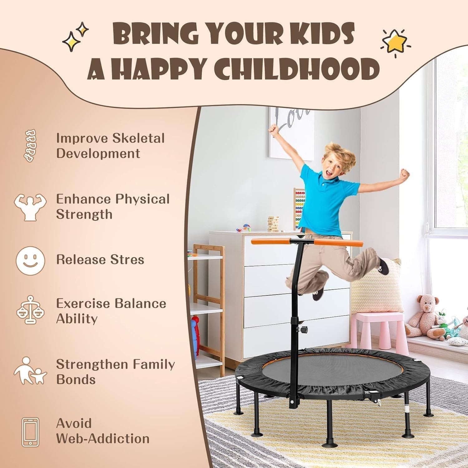 45'' Mini Trampoline with Adjustable Handle Foldable Fitness Rebounder Orange