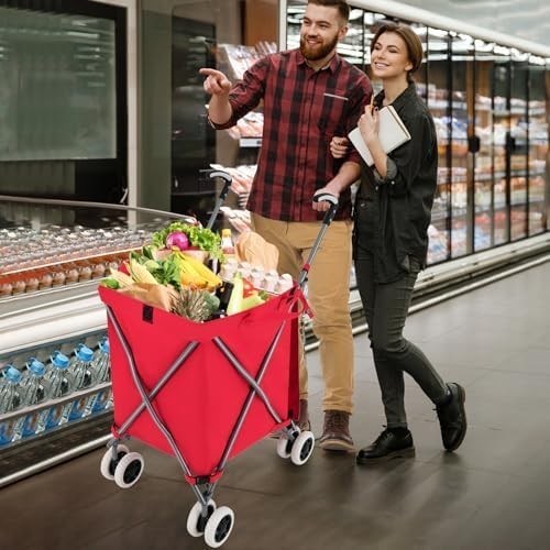 90L Folding Shopping Trolley 8 Wheels Large Push Cart Waterproof Red